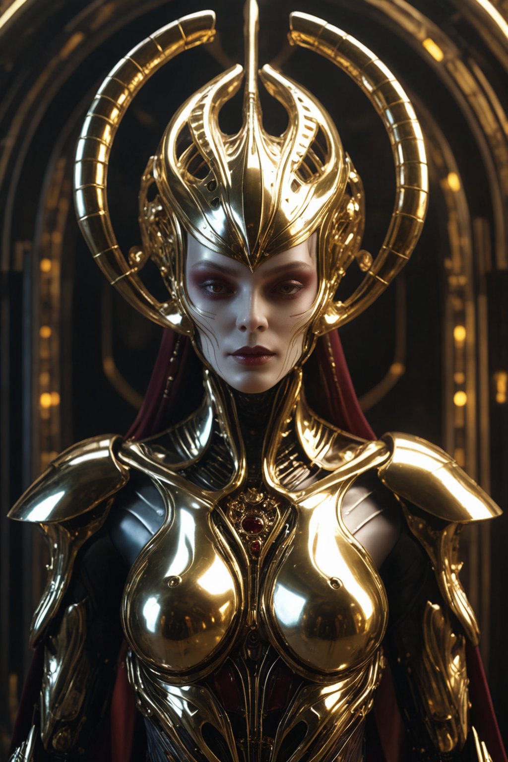 Futuristic alien woman goddess,  porcelain face,  in polished chrome armor with glowing gold and burgundy accents by user_...