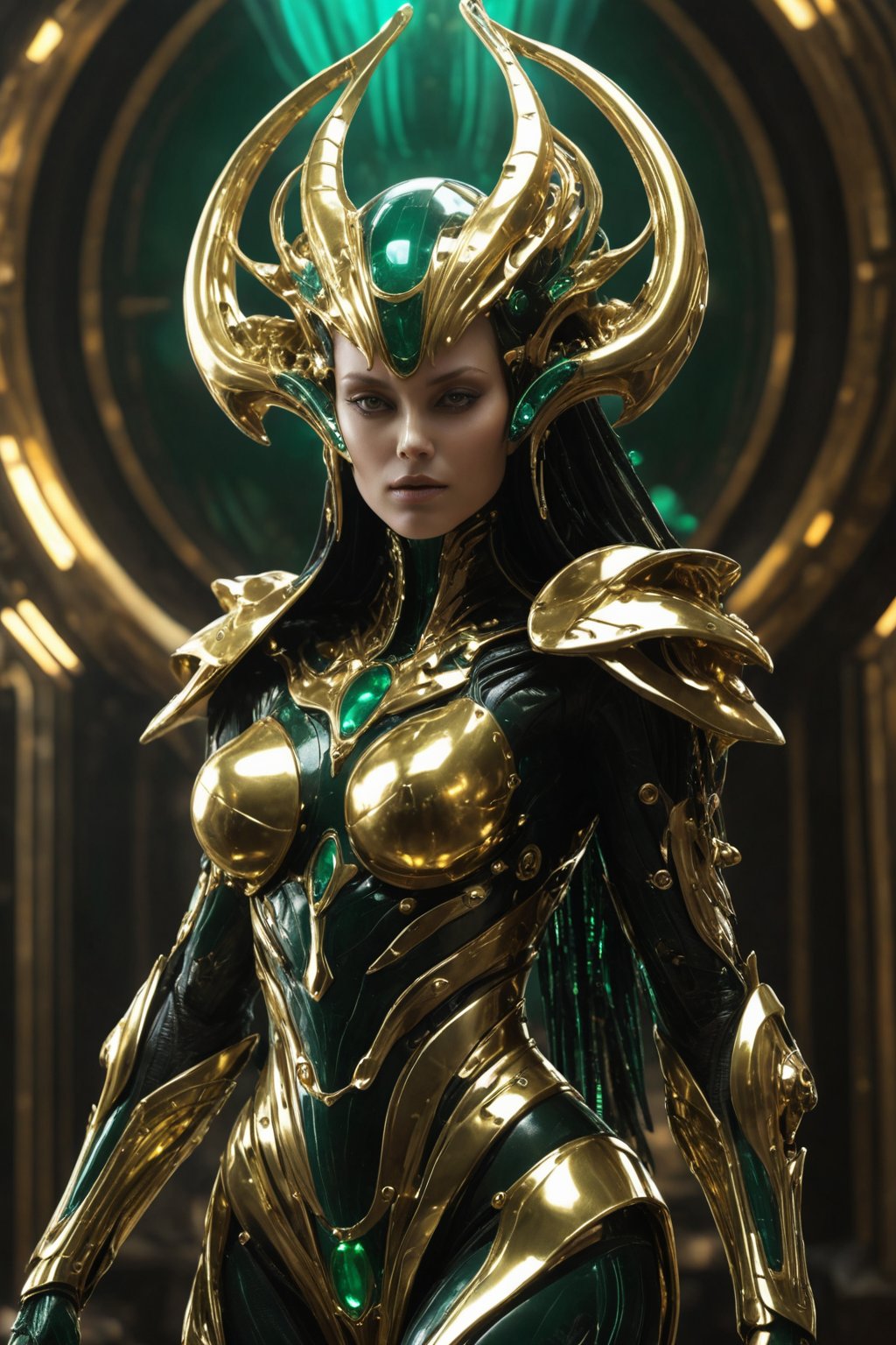 Futuristic alien woman goddess in polished chrome armor with gold and emerald accents,  unknown materials,  realistic deta...