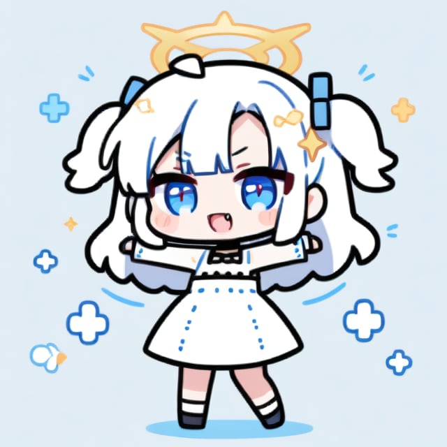 cute, kawaii, chibi, 1girl, angel, ((white hair)), long curly hair, (two side up), blue eyes,  (curly hair:1.2), (wavy hair), (hair curls), (bangs), (two side up), two blue hair ties on head, (Double golden halo on her head), choker, angel wings, ahoge, fang, White dress with blue lace trim, anime style, cute pose,chibi,