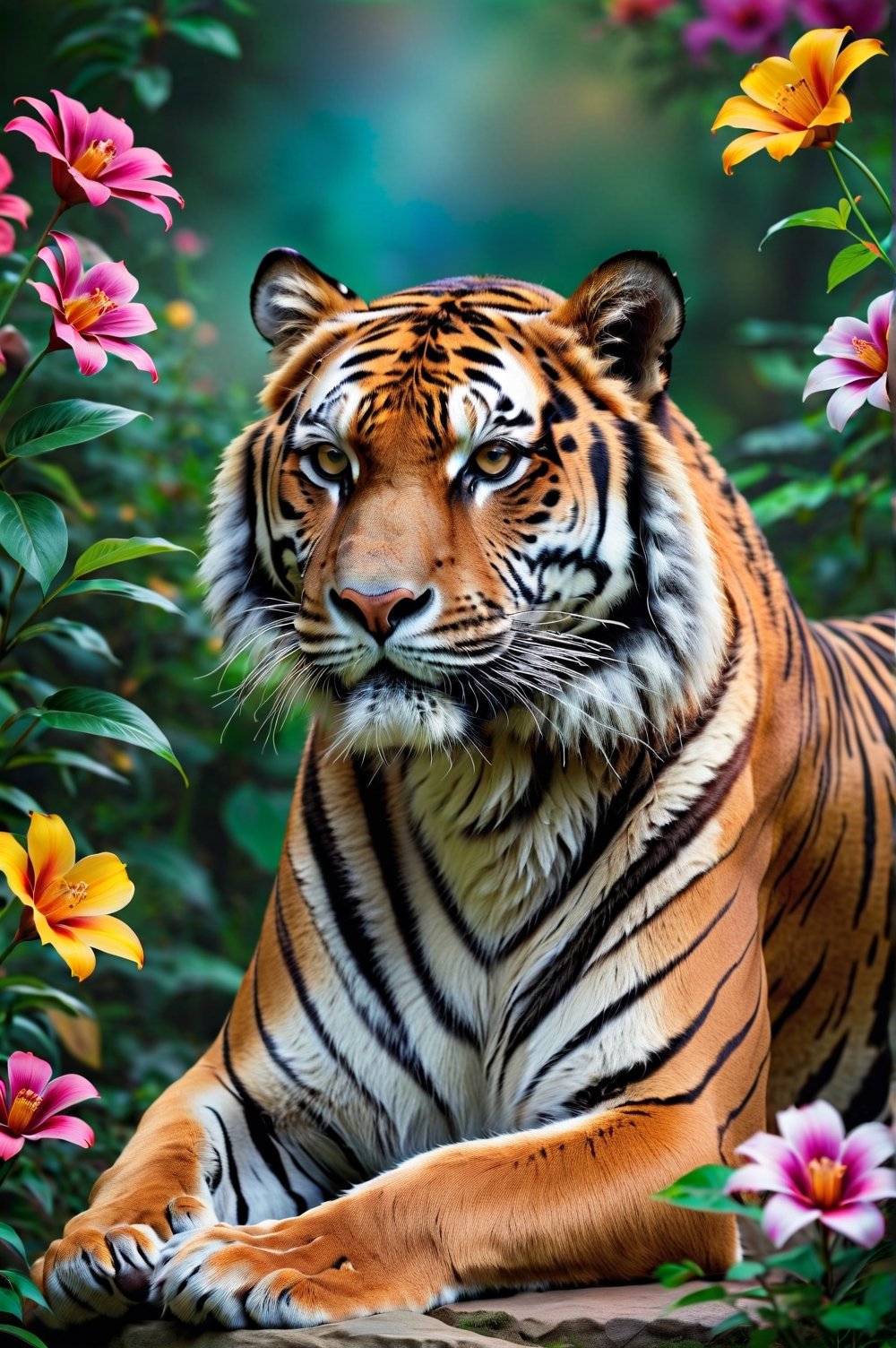 Close-up of majestic tiger in graceful pose in three-quarter view, colorful flowers around. Extremely realistic. A memorable photo.