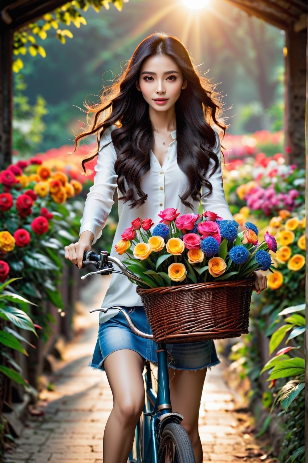 A beautiful girl, similar to Angelababy, on a bicycle carrying a basket of bright colorful flowers, long wavy hair, sun, summer, rays of light, greenery, 15mm, f/215mm, f/2.8, 1/500s, iso2000, high detail, sharp contours, professional photo, 16k. Angelababy.