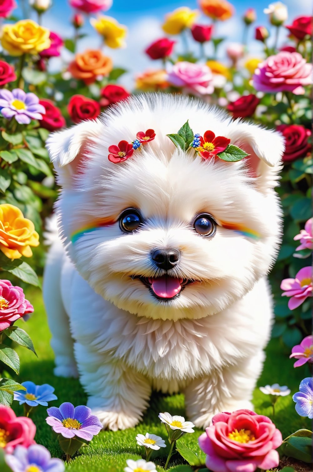 Chibi of a cute and picturesque little dog [Bichon Frizé] with happy and cute appearance, in the center of a garden of colorful flowers and roses. Macro photography by Miki Asai, close-up, blue sky, rainbow, super detailed, trending on artstation, sharp focus 1.5, studio photography, intricate details, high detail, Greg Rutkowski 9k