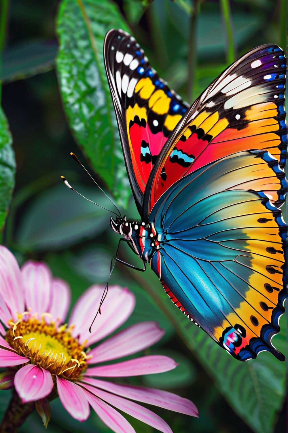 A lush, multicolored butterfly looking straight at the camera in a stunning close-up. Captured in stunning 8K resolution, this image is a hyper-realistic work of art that incorporates Miki Asai's macro photography technique. Every detail is meticulously highlighted, making this photograph a high-definition masterpiece. Composed by Greg Rutkowski, this image is making waves on ArtStation due to its studio quality, sharp focus, and intricate details that make it truly exceptional.