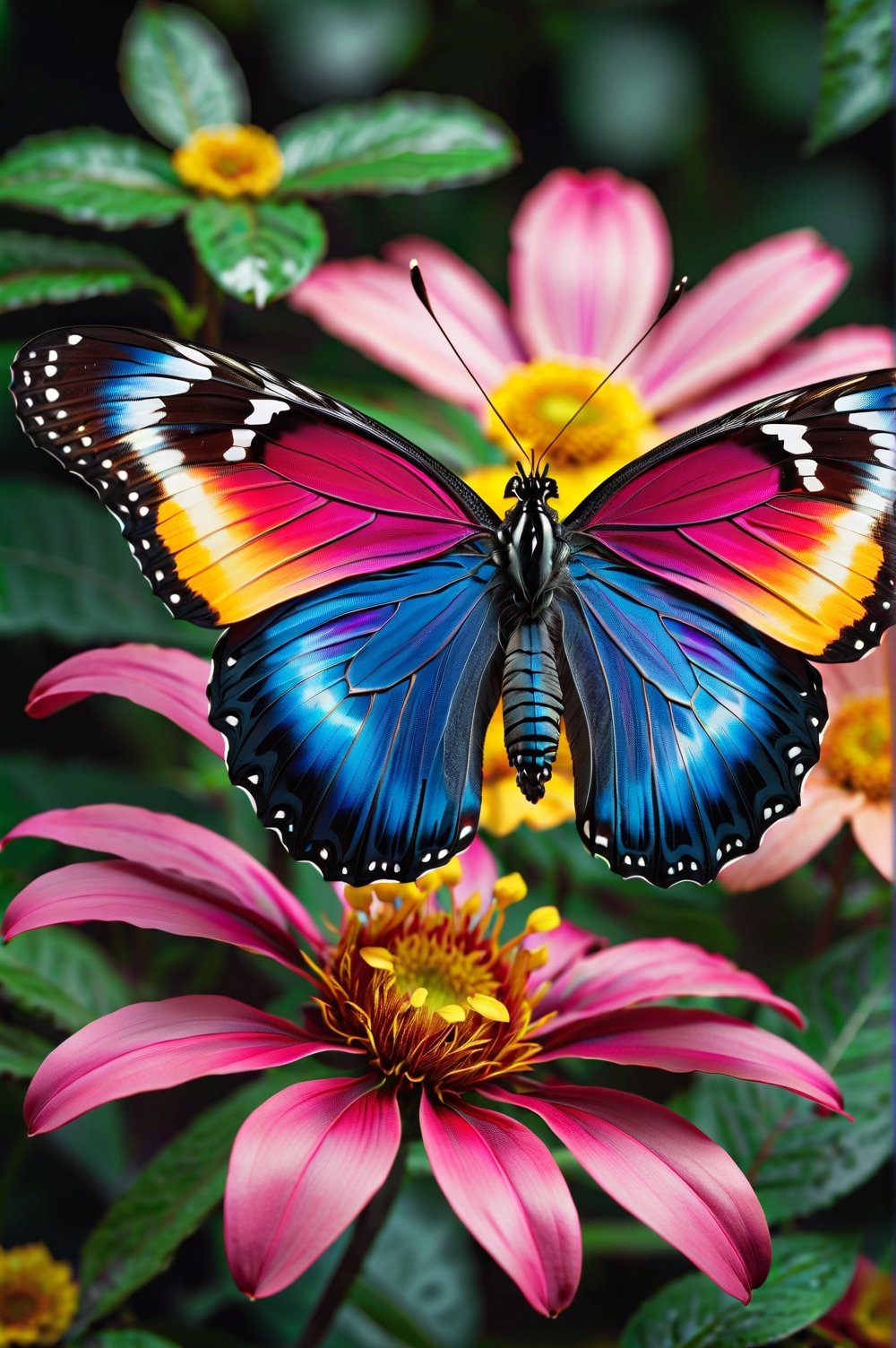 A lush, multicolored butterfly looking straight at the camera in a stunning close-up. Captured in stunning 8K resolution, this image is a hyper-realistic work of art that incorporates Miki Asai's macro photography technique. Every detail is meticulously highlighted, making this photograph a high-definition masterpiece. Composed by Greg Rutkowski, this image is making waves on ArtStation due to its studio quality, sharp focus, and intricate details that make it truly exceptional.