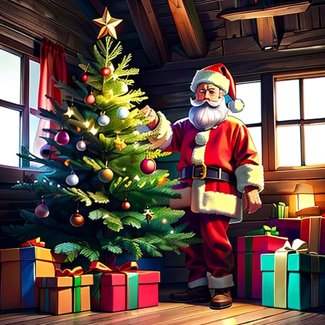 (masterpiece, best quality, ultra-detailed, 8K), Santa Claus and a child in a rustic cabin on a Christmas Eve, Santa Claus, Christmas tree with Christmas presents.,2Dcartoon