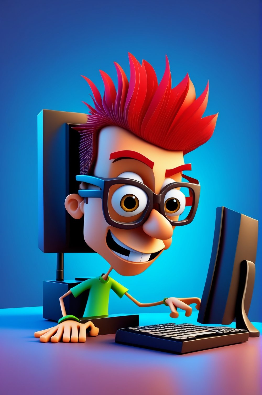 A funny caricature of a young human desktop computer programmer,  3D style.,  Leonardo Style by Destrosser on Tensor.Art