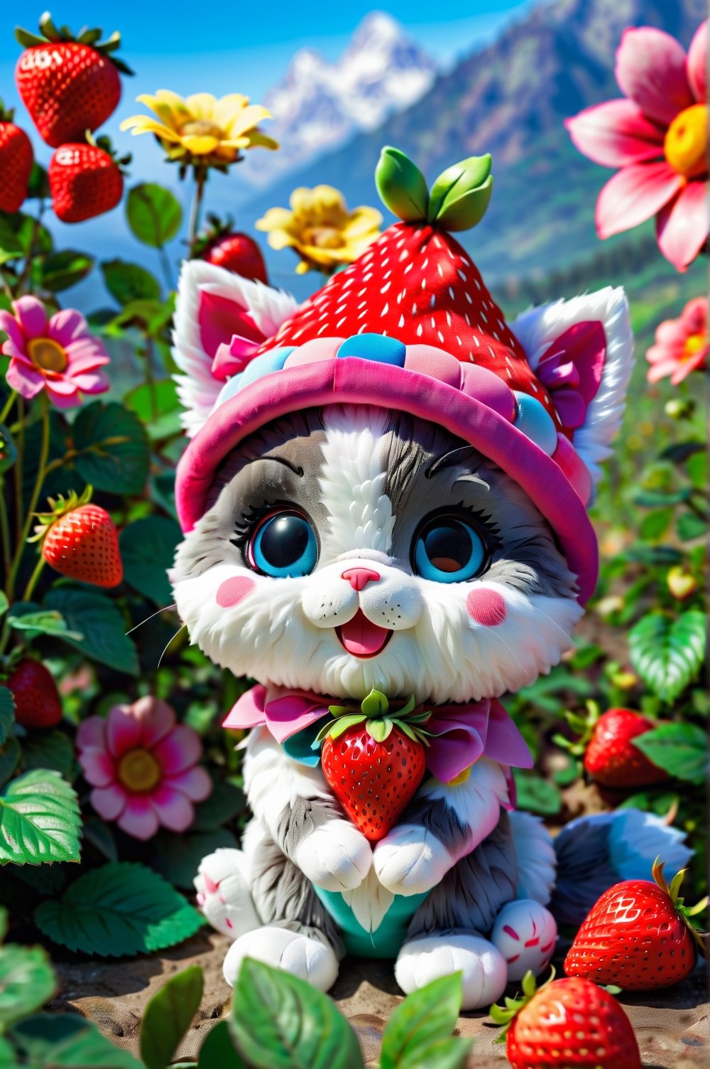 plush toy kitten with a strawberry hat in a cute and young photo, newborn, 3/4 view, pixar style, cute and happy character in hero pose, summer landscape where all the flowers are colorful. Very colorful image but without saturation. Complex art, 8k resolution, masterpiece, detailed background, stuffed toy kitten depth of field, 3D style.