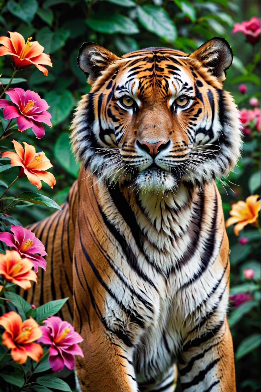 Close-up of majestic tiger in graceful pose in three-quarter view, colorful flowers around. Extremely realistic. A memorable photo.