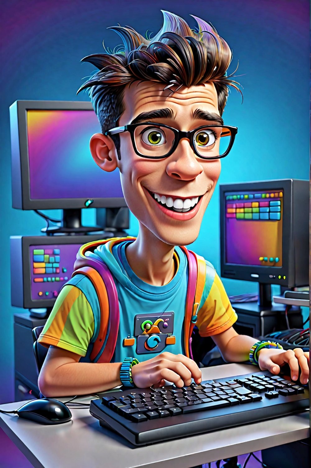A colorful funny caricature of a young human desktop computer programmer,  3D style. by Destrosser on Tensor.Art