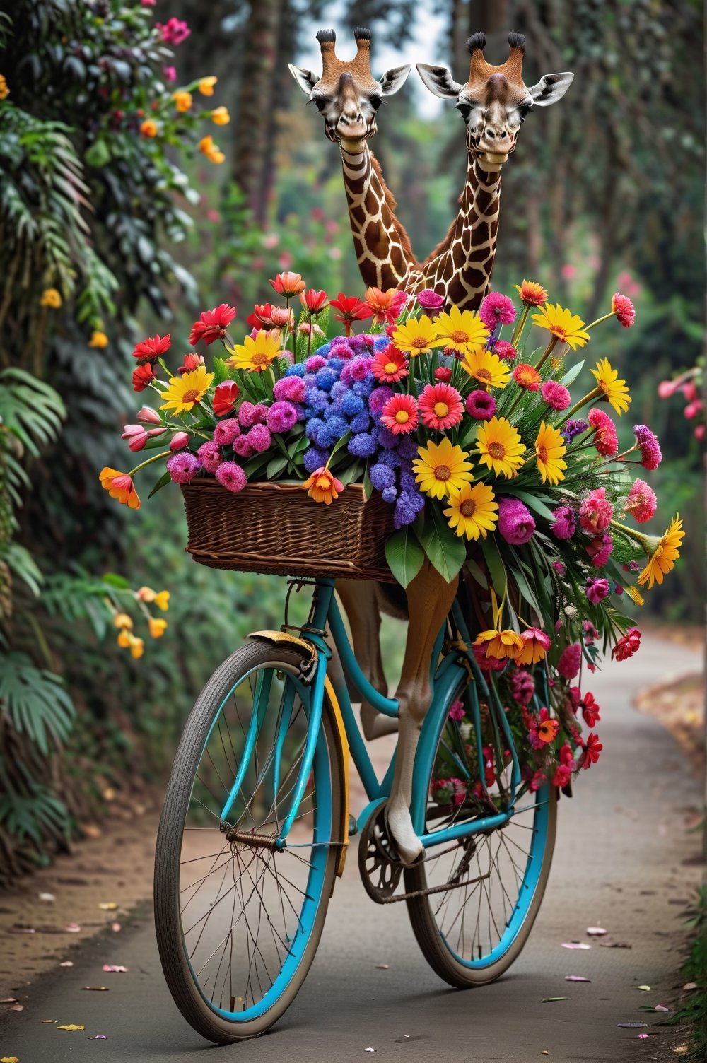 araffe with a basket of flowers on a bicycle, carrying flowers, full of flowers, flowers!!!!, beautiful flowers, colourful, full of colors, made of flowers, very colourful, full of color, full of colour, !!natural beauty!!, very beautiful photo, covered with flowers, beautiful colorful, full of colours, wow it is beautiful, beautiful and colorful