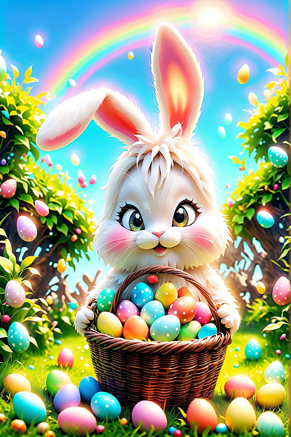 Ultra-realistic, best quality, cinematic and ultra-detailed image of a cute and friendly Easter Bunny with an Easter basket with sweet chocolates and gifts in an enchanted garden landscape with blue sky and rainbow. Sharp focus, work of art and beauty, magic lights, 8k UHD, cut grass at the bottom