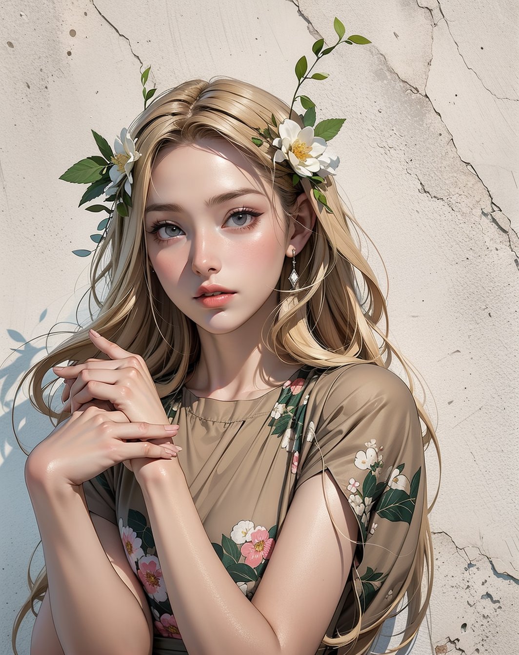 1girl, solo, long hair, looking at viewer, blonde hair, closed mouth, upper body, flower, lips, grey eyes, leaf, realistic