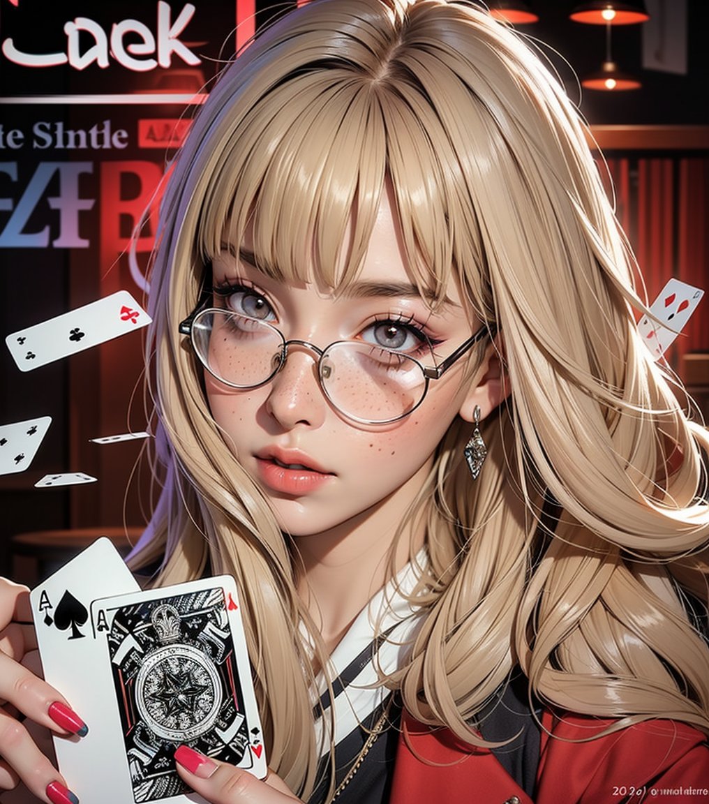 1girl, solo, long hair, looking at viewer, bangs, blonde hair, holding, glasses, blunt bangs, nail polish, lips, grey eyes, makeup, watermark, scar, portrait, black nails, freckles, realistic, card, nose, playing card, holding card