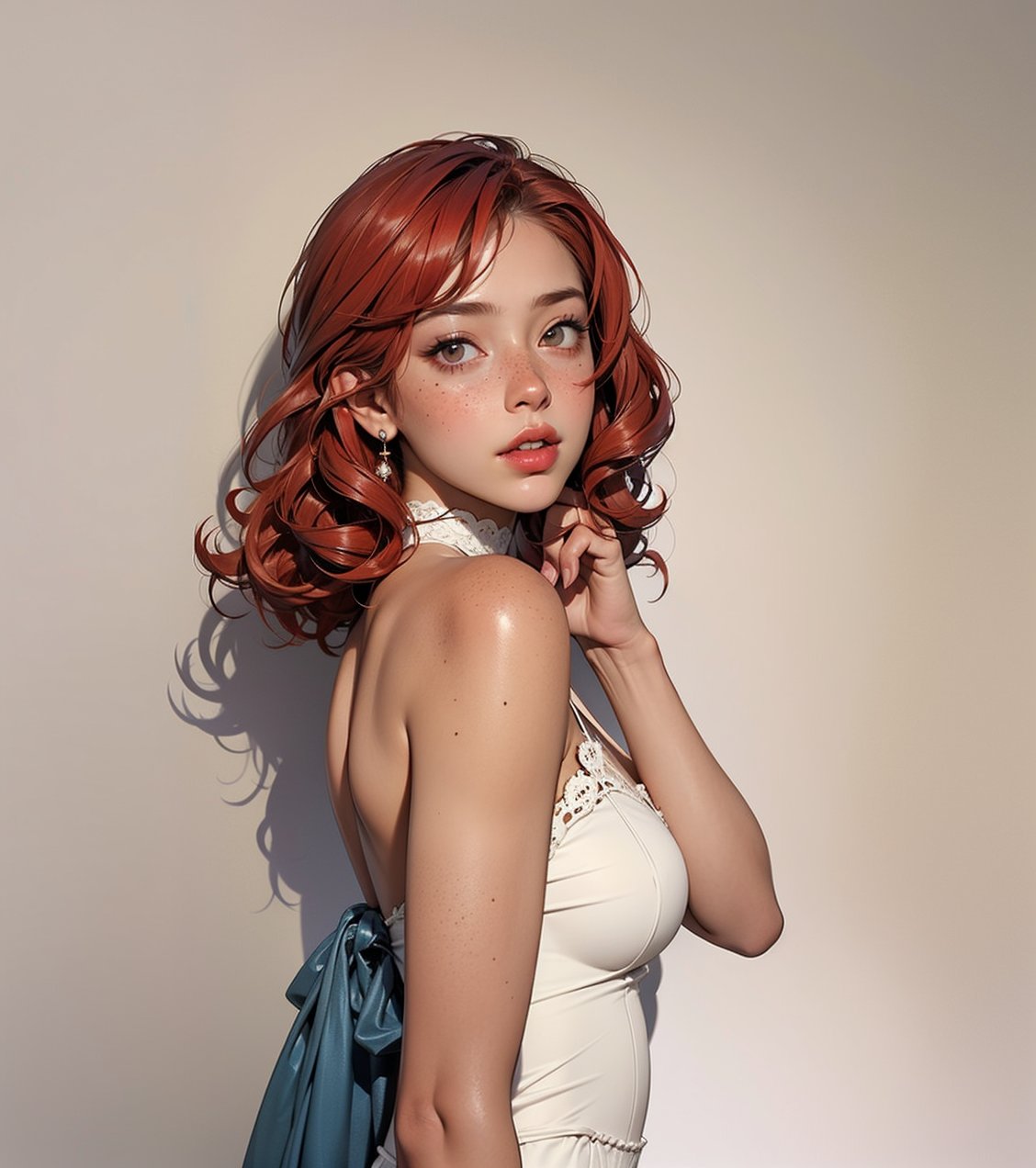 1girl, solo, breasts, brown hair, bare shoulders, upper body, red hair, parted lips, lips, freckles, curly hair, realistic, vintage hairstyle, silk dress