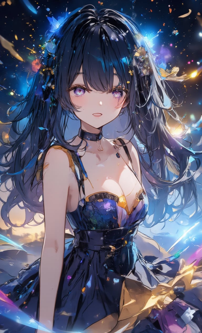 A girl with a dreamy smile, her hair waving in random blue and gold gradations, and wearing a dress with frills that sparkle like crystals. A rainbow-colored light effect spreads around her, and a fantastic night view of the starry sky spreads out in the background. The camera angle has a soft lens effect, and her figure appears vaguely, as if in a dream. The edges of the screen are decorated with twining ribbons of light. ,acryli painting,Anime style,1girl_Anime