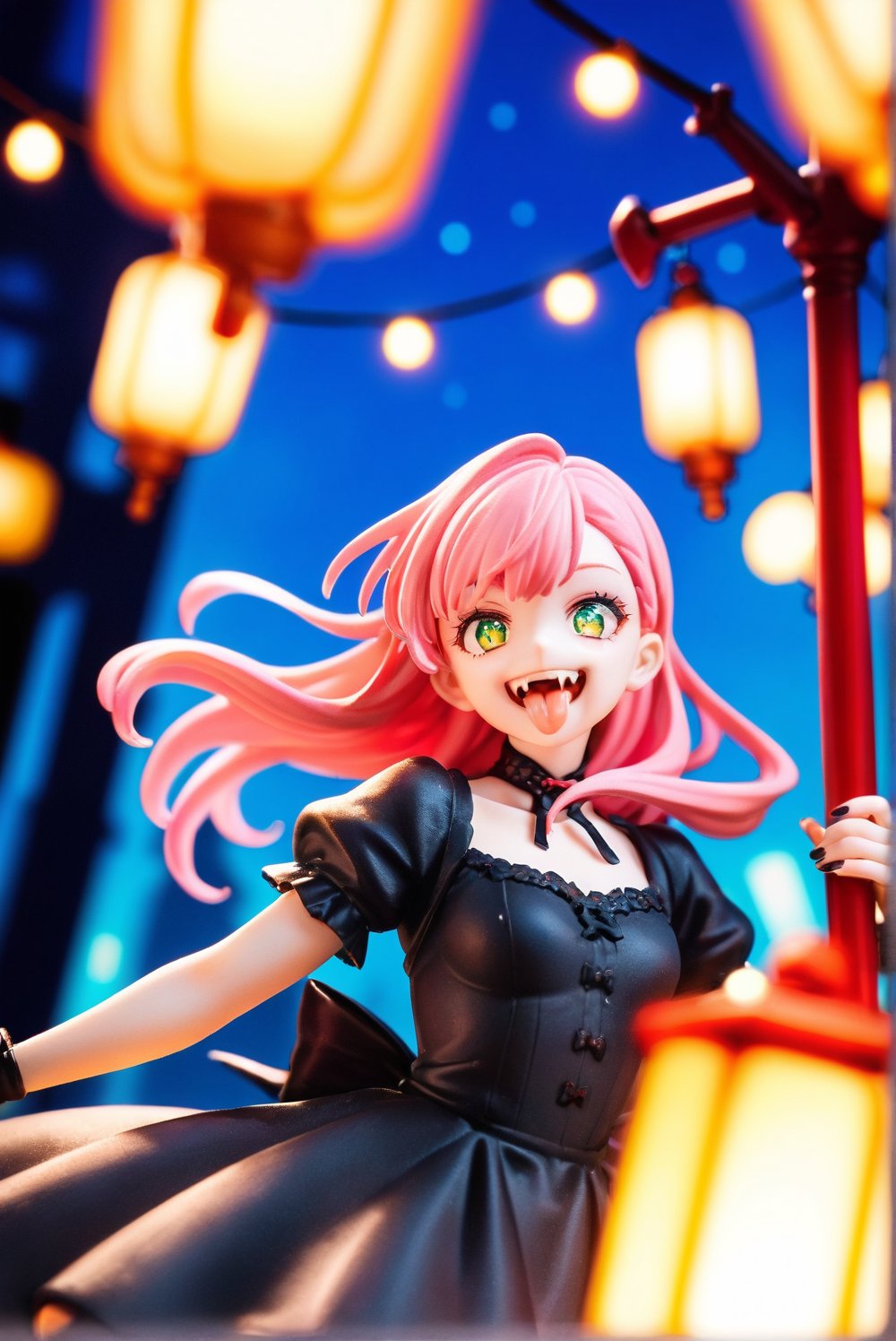 score_9, score_8_up, score_7_up, source_anime, 1girl, vampire girl, green eyes, pink hair, fangs, smile, showing tongue, black dress, pumpking, night, high lights, light aura, a very delicate and beautiful, (at the center:1.2), (solo:1.3), outdoors, cinematic lighting, dynamic action, dynamic angle, dynamic shot