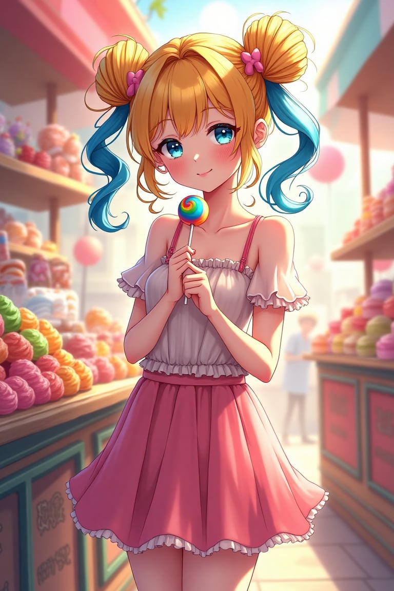 "A young woman with playful blonde and blue hair styled in twin buns stands in a vibrant, candy-themed market, illustrated in a realistic anime style. She wears a sheer, ruffled top and a matching pink skirt, holding a colorful lollipop. The background is filled with highly detailed candy displays and ornamental decorations, bathed in warm, soft light. The realistic anime style emphasizes more natural proportions and lifelike textures, with a focus on intricate details in her clothing, hair, and the market setting, while maintaining an expressive, emotional tone."