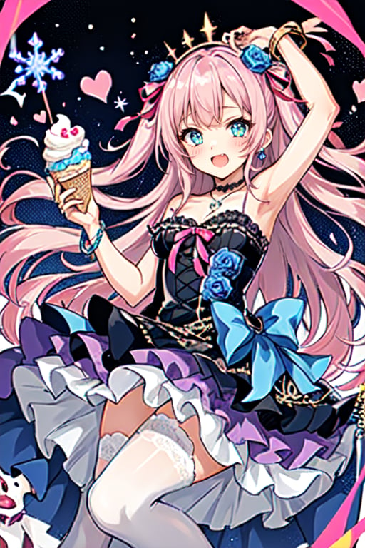 One girl, Vtuber anime character design, Love Peace Ice Cream!, an overly maximalist Vtuber character dressed in a super decorative pink Lolita fashion. Her anime-style face is incredibly cute, featuring sparkling eyes in gradient pastel colors. Her multi-layered hair flows down in a flurry of pastel green, purple, and blue, and is adorned with an excess of ribbons, flowers, and sparkly accessories. She wears a frilly cupcake-shaped dress in different shades of red, covered in lace, ribbons, and frills. The dress is further decorated with chocolate motifs, stuffed toys, and miniature mascot characters. Multiple petticoats peek out from underneath, each a different shade of pink. She wears striped stockings and platform shoes with heart-shaped buckles. A plethora of bracelets, rings, necklaces, tiaras, and more adorn her. The background is a dizzying collage of vivid colors.,flat style,txznf,Deformed,dal-6 style