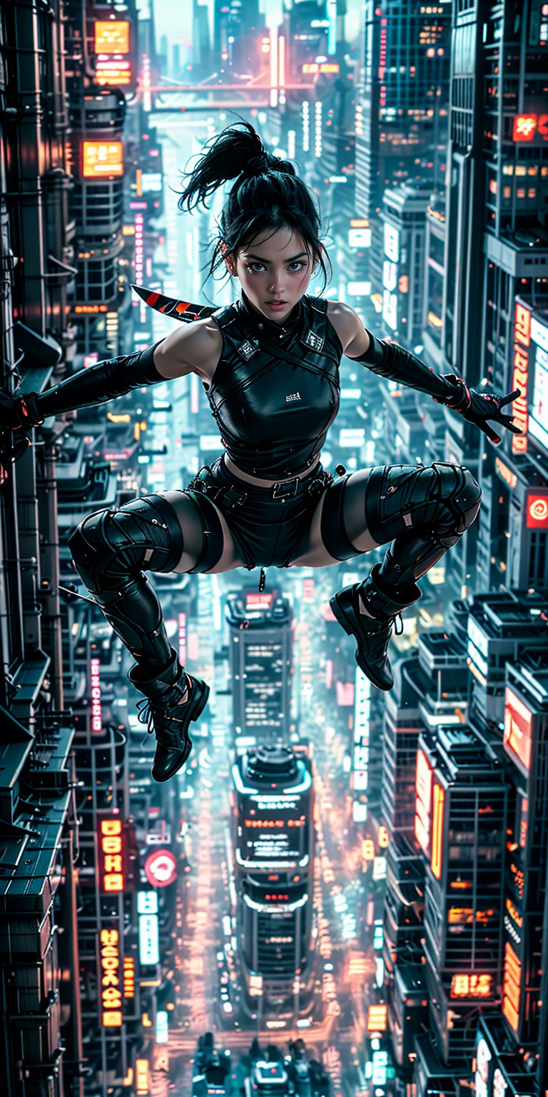 In the backdrop of Japan's Edo period, a female ninja from Iga, known for her mastery of stealth and combat, leaps through the air with a dagger in hand, her gaze icy and determined.

Dressed in a sleek black shinobi shozoku, her figure blends seamlessly with the night, allowing her to move undetected through the shadows. The form-fitting garment accentuates her agility and grants her the freedom of movement essential to her lethal craft.

With a swift and powerful bound, she defies gravity, soaring through the air with astonishing grace. Her nimble frame twists and turns, evading any potential threats or obstacles that may lie in her path. Each movement is executed with calculated precision, a testament to the countless hours she has dedicated to honing her acrobatic skills.

Her cold, piercing gaze reflects her unwavering focus and determination. It is a gaze that has seen both triumph and tribulation, and one that has learned to navigate the treacherous world of espionage and combat with unwavering resolve.

In her hand, she wields a deadly dagger, its blade gleaming with a lethal edge. The weapon is an extension of herself, a tool honed to perfection for close-quarters combat. With every leap and twist, she remains ready to strike with lethal accuracy, her training and experience ensuring that each strike is swift and fatal.

As she dances through the air, her movements reveal a mastery of both physical prowess and mental fortitude. She is a symbol of the unwavering spirit and indomitable will that define the ninja of the Edo period.

In this frozen moment, the female ninja from Iga encapsulates the enigmatic allure and deadly skill of her profession. Her cold, resolute gaze and graceful movements serve as a testament to her unwavering dedication to her craft and the indelible mark she leaves on the annals of history.