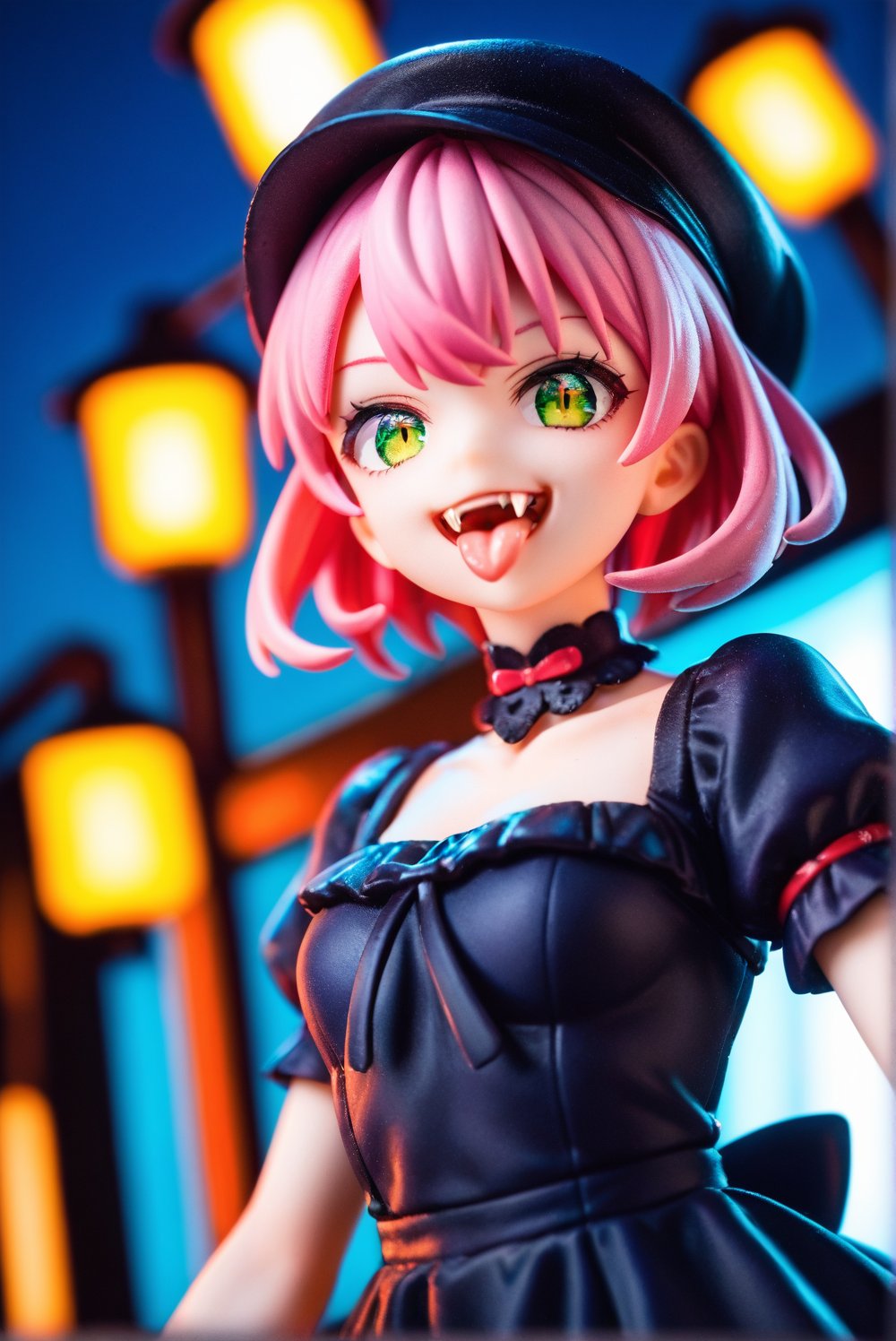 score_9, score_8_up, score_7_up, source_anime, 1girl, vampire girl, green eyes, pink hair, fangs, smile, showing tongue, black dress, pumpking, night, high lights, light aura, a very delicate and beautiful, (at the center:1.2), (solo:1.3), outdoors, cinematic lighting, dynamic action, dynamic angle, dynamic shot