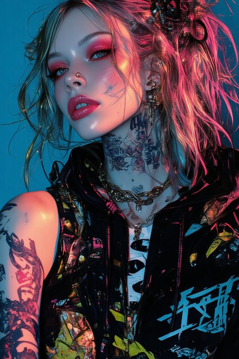 Portrait of a bold woman with dyed hair,  half electric blue and half metallic gold,  intricate tattoos in gothic letterin...