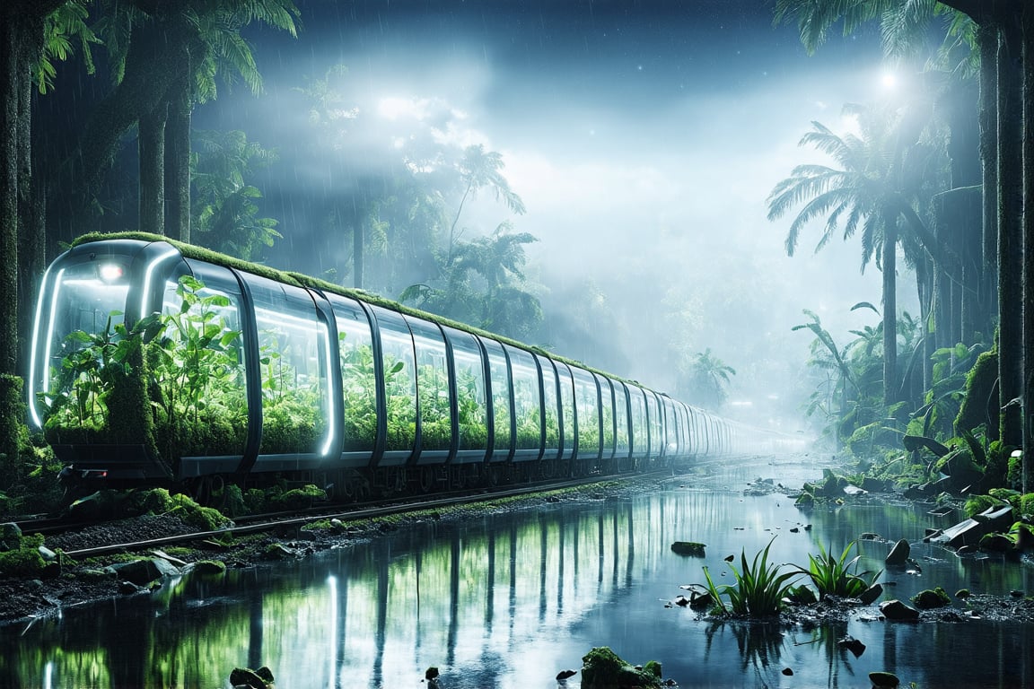 A high-quality hyperrealistic photograph of a futuristic, sleek eco-friendly train with transparent glass carriages filled with vibrant green plants, traveling through a shadowy dark tropical jungle during a dark black night with a dark black starry sky, dark shadowy areas, and no light, zero light, surrounded by diverse flora, a clear river reflecting train light, an ancient broken building covered in moss hidden within the jungle, and ancient broken pillars covered in moss around the jungle, with bad weather. The scene is captured in a super zoom close up view, on ground shot, hyperrealistic, midjourney realistic, photography, hyperdetailed, clear hyperdetailed background, 8k, ultra clear resolution, perfect composition, hyperrealistic texture. eco-friendly train, hyperrealistic,