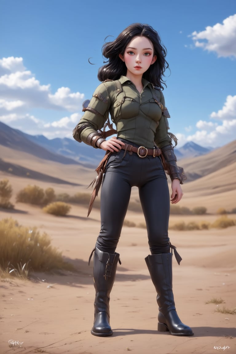 women. beautiful detailed face, black hair, pale skin, light skin, realistic skin, detailed fabric texture, detailed hair texture, perfect proportion, accurate, anatomically correct, highly detailed skin and face texture, modern, photorealistic, perfect face, hyper realism, mega realism, high quality. warrior, ancient mongolia, messy hairstyle. whole body. black pants, black boots,digital art