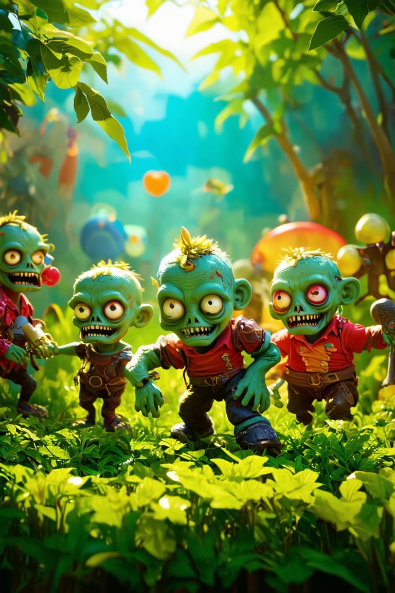 a lush garden, cute cartoon zombies, a battle scene, vibrant colors, 3d rendering, volumetric lighting, dynamic composition, highly detailed, intricate background, playful and whimsical atmosphere, (best quality,4k,8k,highres,masterpiece:1.2),ultra-detailed,(realistic,photorealistic,photo-realistic:1.37),fantasy,concept art