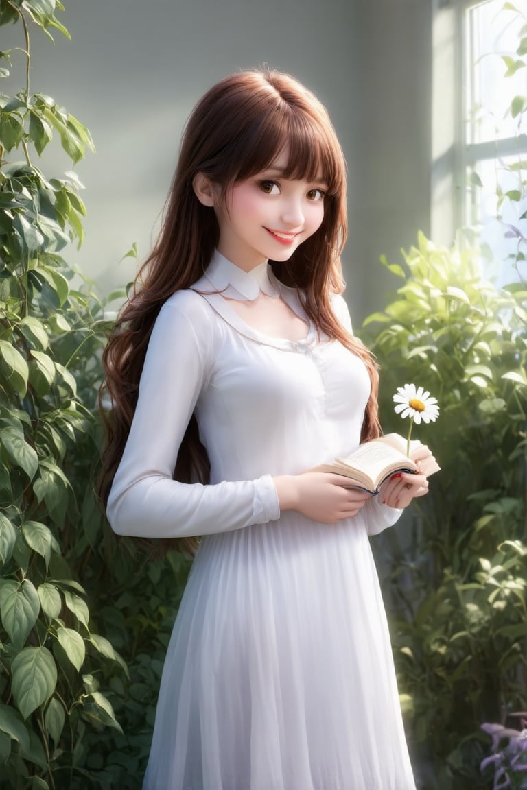 A young woman with long, luscious brown hair and bangs stands tall, her bright smile captivating the viewer as she gazes directly into the camera. Her porcelain-doll complexion glows under soft, warm lighting, accentuating her features. She wears a flowing white dress with long sleeves, its gentle folds framing her slender figure. In one hand, she cradles a delicate book, while in the other, she tenderly holds a small white flower amidst a lush green plant. The scene is set indoors, the atmosphere serene and inviting. Enhance this whimsical moment with Pixar-style visual flair, imbuing the surroundings with a sense of magic and wonder.