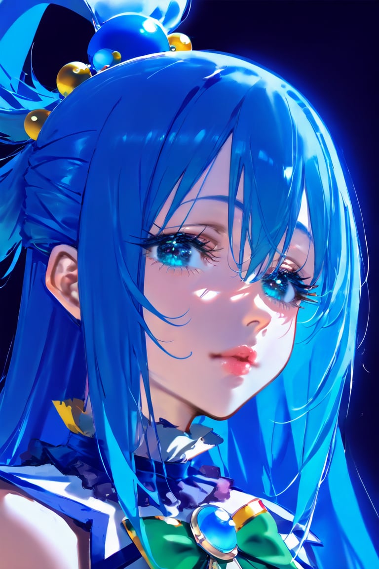 (masterpiece), best quality, solo, 1girl, blue_eyes, looking_at_viewer, eyelashes,upper_body, lips, makeup,aqua,Aqua,Aqua_(Konosuba),AQUA \(KONOSUBA\), blue hair ,dark background,LONG HAIR, HAIR ORNAMENT, VERY LONG HAIR, HAIR RINGS, SINGLE HAIR RING, HAIR BOBBLES,