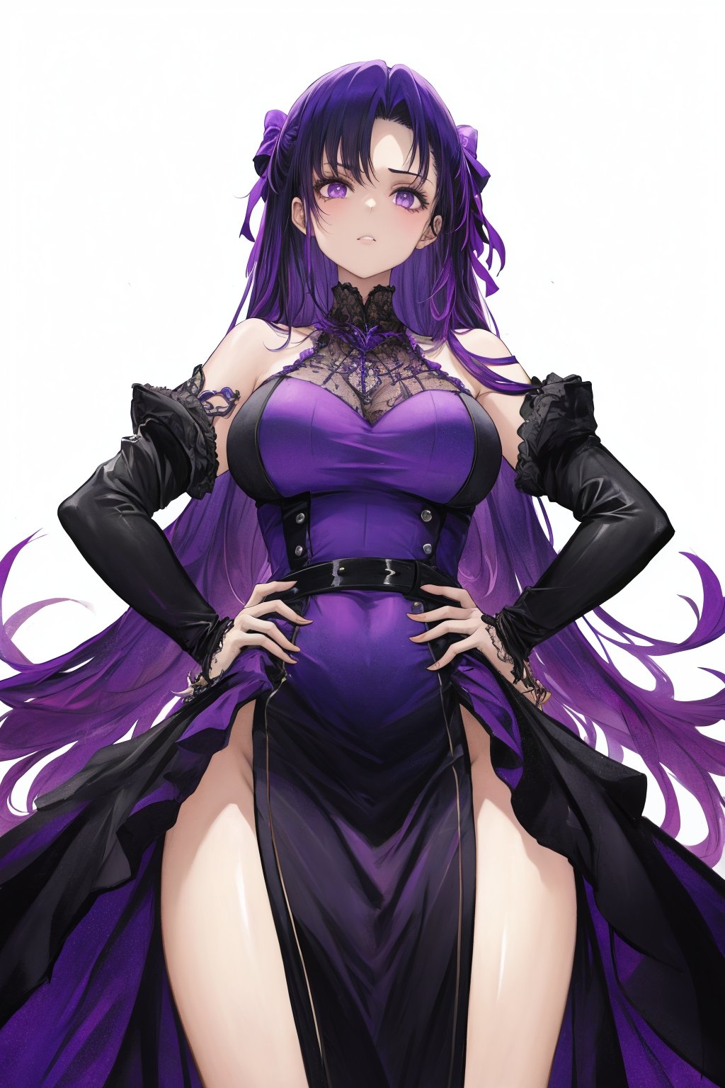 masterpiece, best quality, 1girl, dress, long hair, purple eyes, hands on hips