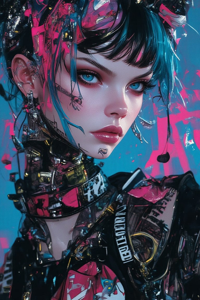 Portrait of a bold woman with dyed hair,  half electric blue and half metallic gold,  intricate tattoos in gothic letterin...