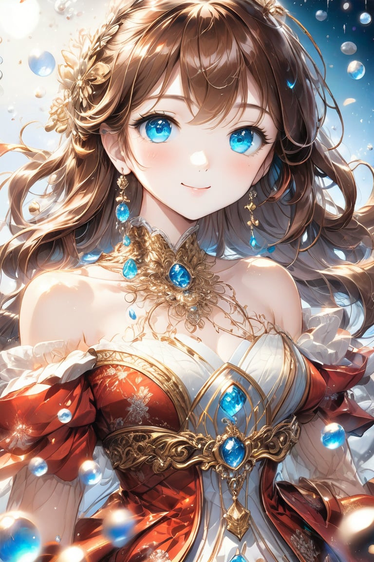 Beautiful girl, he is very cute, brown hair, blue eyes, she wears a very luxurious outfit. Upper body, detailed image, detailed skin, looking at viewer. Walking, ((masterpiece: 1.2)), light particles, ink droplets in background, Anime style.