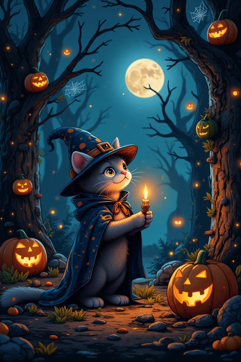 A whimsical Halloween night scene: a cute, anthropomorphic cat, dressed in a miniature witch's hat and cape, holds a flickering candle amidst a mystical forest. The cat's fur shimmers with an ethereal glow, as it peers up at the moon, its eyes aglow like tiny lanterns. In the background, towering trees creak and sway, their branches adorned with glowing jack-o'-lanterns and spider webs.