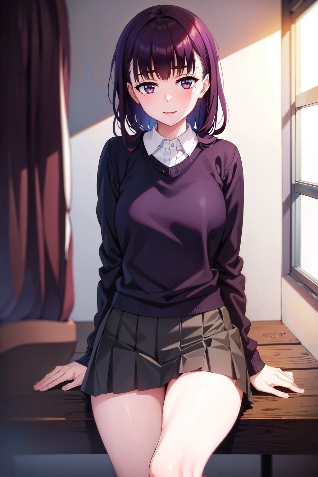 (masterpiece, Best  Quality,  High Quality,  Best Picture Quality Score: 1.3),  (Sharp Picture Quality),  Perfect Beauty: 1.5,dark purple Hair,long hair    One,  Beautiful Girl,Cute,long Skirt,Very Beautiful View, beauty_mark, stockings, Hazuki, legs,   1girl. , smile,  masterpiece,  bedroom, ,masterpiece, sitting_down, side view composition, boyfriend_sweater,