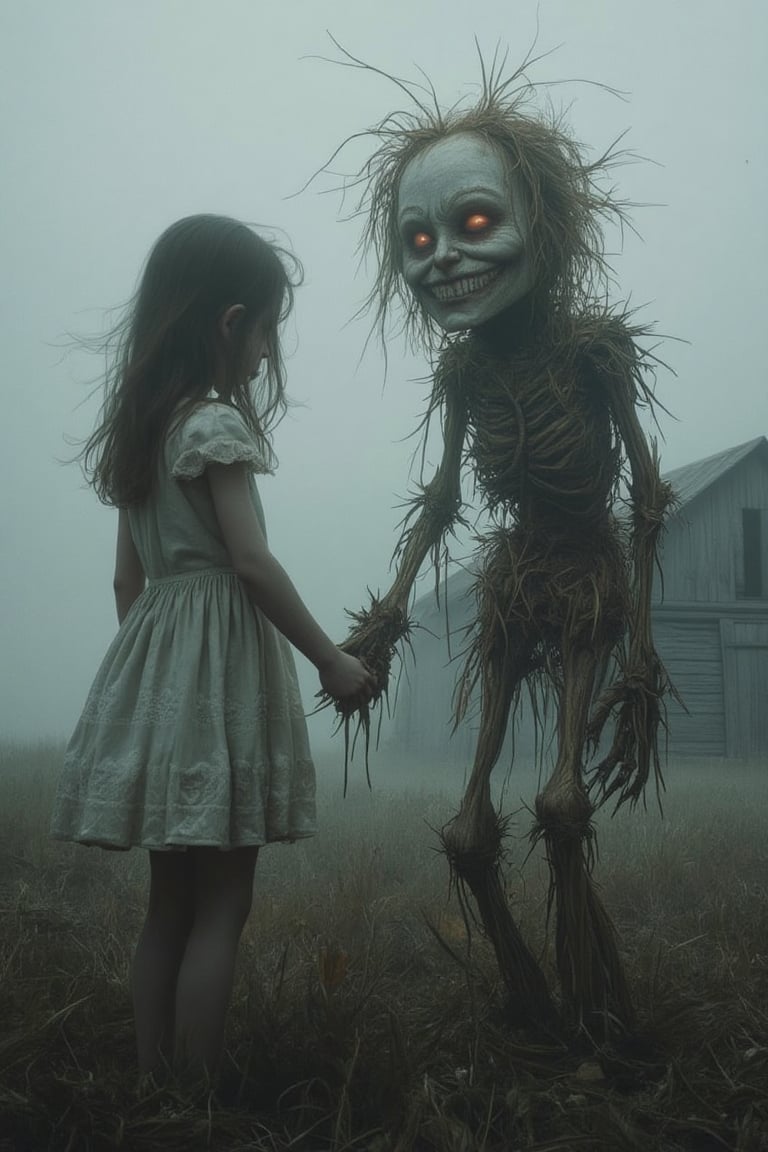 A lone girl in a faded white dress, holding hands with a twisted scarecrow made of straw and bones, standing in an abandoned field. The scarecrow has a crooked, sinister grin, its eyes glowing faintly. The girl's shadow merges with the scarecrow's, creating an unsettling illusion of them as one. Fog rolls in, obscuring the distant, decaying barn, adding a chilling and beautiful aesthetic.