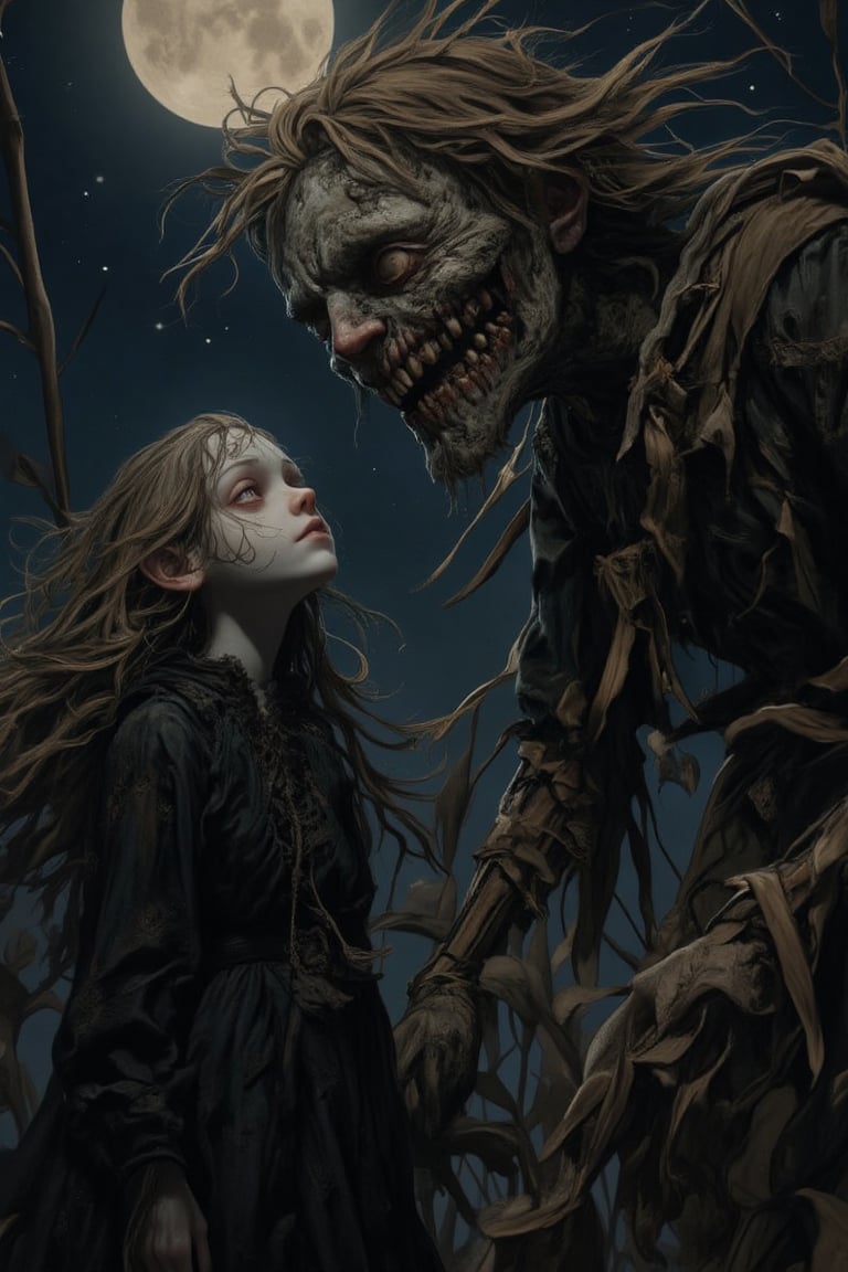 An eerie, moonlit scene of a girl with long, flowing hair and a tattered black dress standing by an old, decaying scarecrow. The scarecrow looms over her with a cracked, terrifying smile, its body sewn together from old clothes and dried corn husks. The girl gazes up at the scarecrow with hollow eyes, as if entranced. The night sky is full of stars, casting an ethereal glow over the unsettling scene.