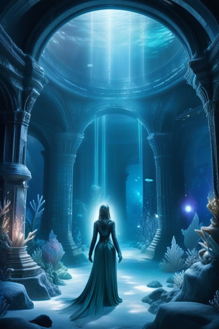 Prompt: Frozen Depths Oracle: A half-body view of an oracle in an underwater, ice cavern, her form shimmering with frost, and light, surrounded by frozen, yet glowing, ancient sea creatures, the icy walls reflecting a cold, yet magical, luminescence, creating a scene that feels timeless, and otherworldly.,
