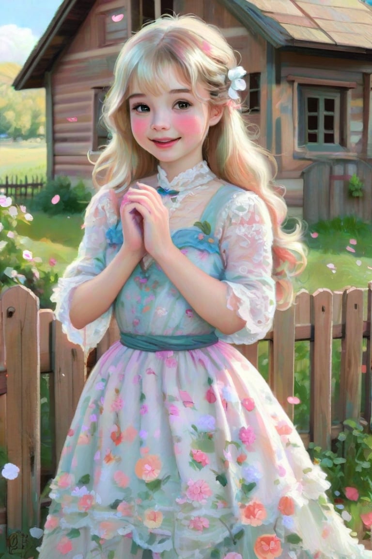 Prompt: A girl with wavy, blonde hair, wearing a vintage, floral dress, adorned with delicate lace, standing beside a weathered, wooden fence, her hands clasped together, soft petals, and leaves scattered around her, a quaint cottage in the background.,
