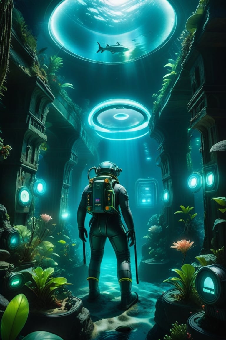 Prompt: Submerged Alien Ruins: A half-body view of a diver, in advanced, alien technology-inspired gear, exploring ancient, submerged ruins, with glowing symbols, and eerie, luminescent plants, casting an otherworldly, yet intriguing, atmosphere.,
