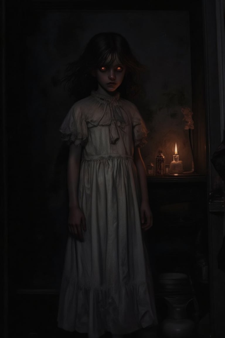 A dimly lit room with a single flickering candle, casting long shadows on the walls. A young girl in a flowing, old-fashioned white dress stands motionless, her face partially obscured in darkness. The candlelight dances eerily on her pale skin, and her eyes seem to glow faintly with an unsettling, otherworldly stare. The room feels haunted, filled with a chilling presence, as if something sinister is just out of sight