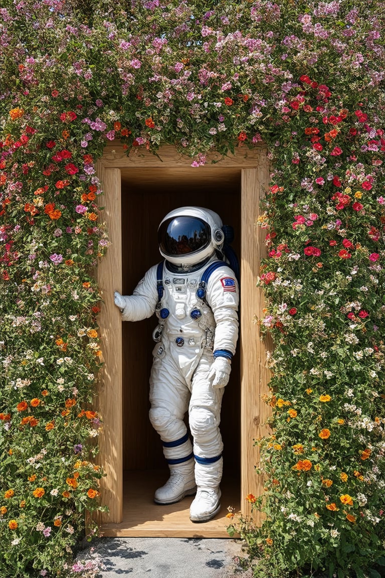 isheye lens, a beautiful flower field, with vibrant blooms stretching as far as the eye can see,Person on the other side of the door, Astronaut,(close Visor), Nestled among the flowers is an unexpected sight a wooden door, clearly made of lightweight material like cardboard or balsa wood, standing upright amidst the blossoms. Despite its humble construction, the door is adorned with intricate carvings and painted with vivid colors, adding to its whimsical charm,astronaut_flowers