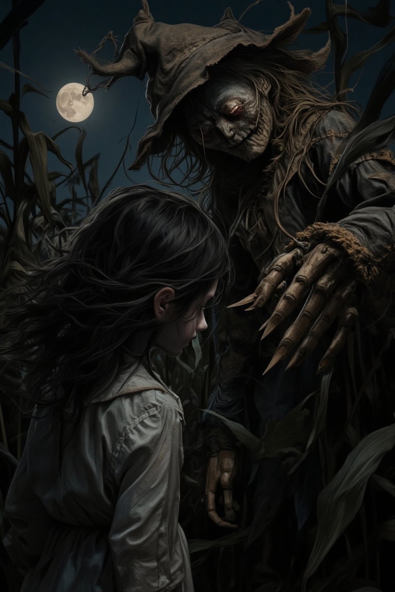 A girl with pale skin and dark, wind-blown hair wandering through a dense cornfield at night, illuminated only by the full moon. She stumbles upon a scarecrow with sharp, wooden fingers and a face that appears almost human, stitched together with burlap. The scarecrow leans toward her as if alive, while the cornstalks rustle in the wind, creating a feeling of something lurking nearby. The contrast of the girl’s delicate beauty and the horror of the scarecrow adds to the dark, cinematic thriller aesthetic.