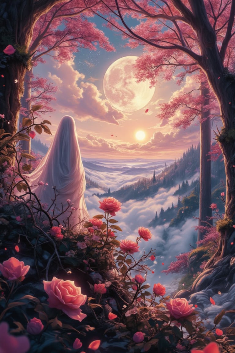 Imagine a vibrant anime-style HD scene set in a magical landscape that bursts with color and life. In the foreground stands a beautiful, blooming rose, its delicate petals shining with soft pink and red hues. The rose is surrounded by intricate thorny vines, symbolizing the challenges and pain that lead to growth. These thorns glow faintly, as if they hold a transformative power. Behind the rose, a vast, ethereal sky filled with glowing, soft pink and gold hues radiates peace and warmth. Light from the sky bathes everything in a heavenly glow, casting a feeling of transformation. Small petals float gently through the air, carried by a mystical breeze, adding fluidity to the scenery.

Emerging subtly from the mist, a mysterious, ethereal phantom figure stands at the edge of the forest in the background. Its form is partially translucent, shrouded in soft, ghostly light, blending seamlessly into the magical surroundings. The phantom exudes both a comforting and haunting presence, a reminder of the unseen energies that accompany personal growth. The serene forest filled with tall, ancient trees stands bathed in the same magical light, with soft, luminous moss and delicate blossoms covering their bark. The sky above is alive with a mix of golden sunlight, shimmering stars, and a radiant moon, highlighting the cycles of joy, sadness, and pain that become guiding forces.

The entire scene exudes peace, transformation, and spiritual awakening, with the phantom adding a sense of mystery and depth. It’s a visual metaphor that every emotion and presence—seen or unseen—is a teacher on the path to inner strength