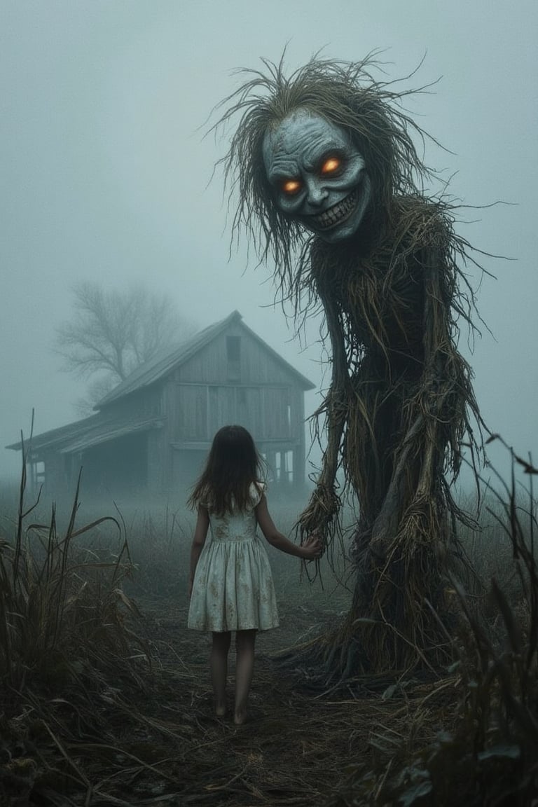 A lone girl in a faded white dress, holding hands with a twisted scarecrow made of straw and bones, standing in an abandoned field. The scarecrow has a crooked, sinister grin, its eyes glowing faintly. The girl's shadow merges with the scarecrow's, creating an unsettling illusion of them as one. Fog rolls in, obscuring the distant, decaying barn, adding a chilling and beautiful aesthetic.