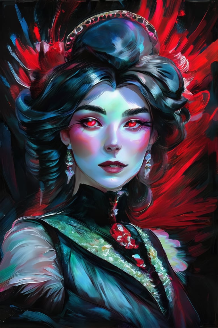 stzd, digital artwork that portrays a mysterious female figure with exaggerated features, rendered in a dark and gloomy color palette. expressionless, with glowing red eyes. The background is a stark contrast of black and vibrant red, with streaks and splattersClaude Monet,pastel brushstrokes,Coquette aesthetic