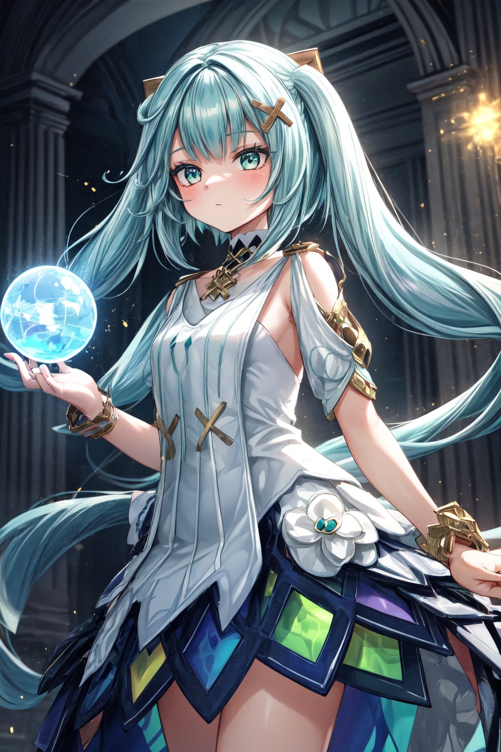 ultra-detailed, masterpiece,1girl, FARUZANRND, Faruzan stands inside a dark structure, the gloom enveloping the surroundings. With one of his hands, he levitates a small sphere of light blue energy. The glow emitted by the sphere illuminates the place, highlighting Faruzan and his power. The bluish light highlights his features and his concentrated expression, while soft shadows play on the walls of the structure. The energy of the sphere radiates a glowing calm that contrasts with the surrounding darkness, underscoring Faruzan's magical presence.