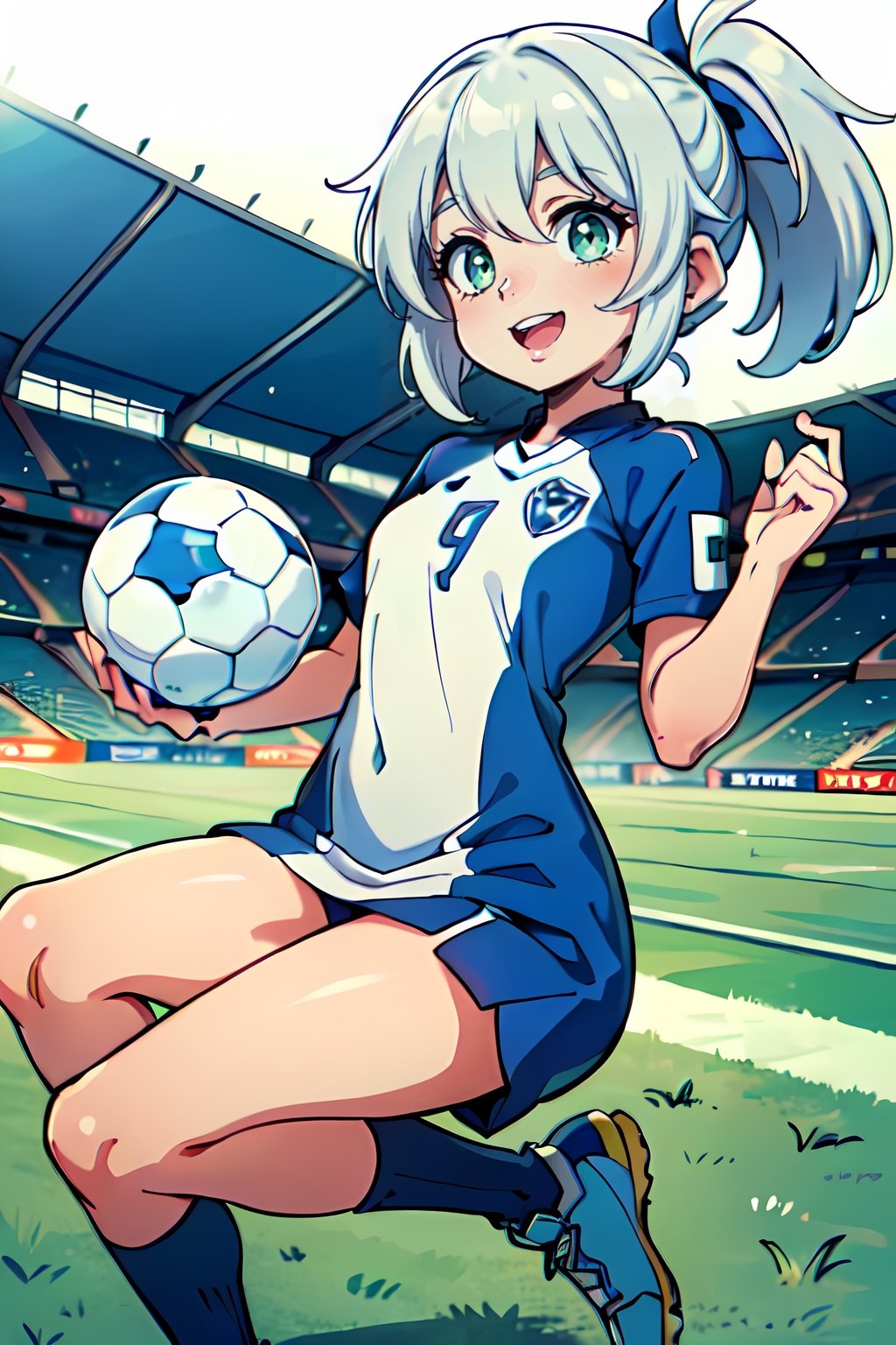 soccer, soccer_clothes, ball soccer, football stadium, light details, high_resolution, day, happy_face, soccer shoes, ,nahida, green-eyes