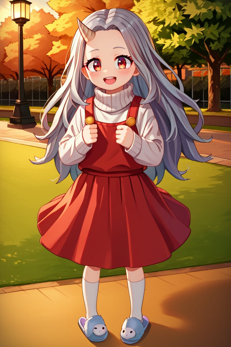 score_9_up, score_8_up, score_7_up, source_anime, 1girl, best quality, masterpiece, 4k, 8k, perfect lighting, very aesthetic, Ultra-detail,eri,long hair,red eyes, grey hair, horns, child, single horn, female child, skirt, long sleeves, socks, sweater, red skirt, turtleneck, slippers, park, buildings, smile, open mouth, outdoors, standing_up, cute, kawaii, sunset