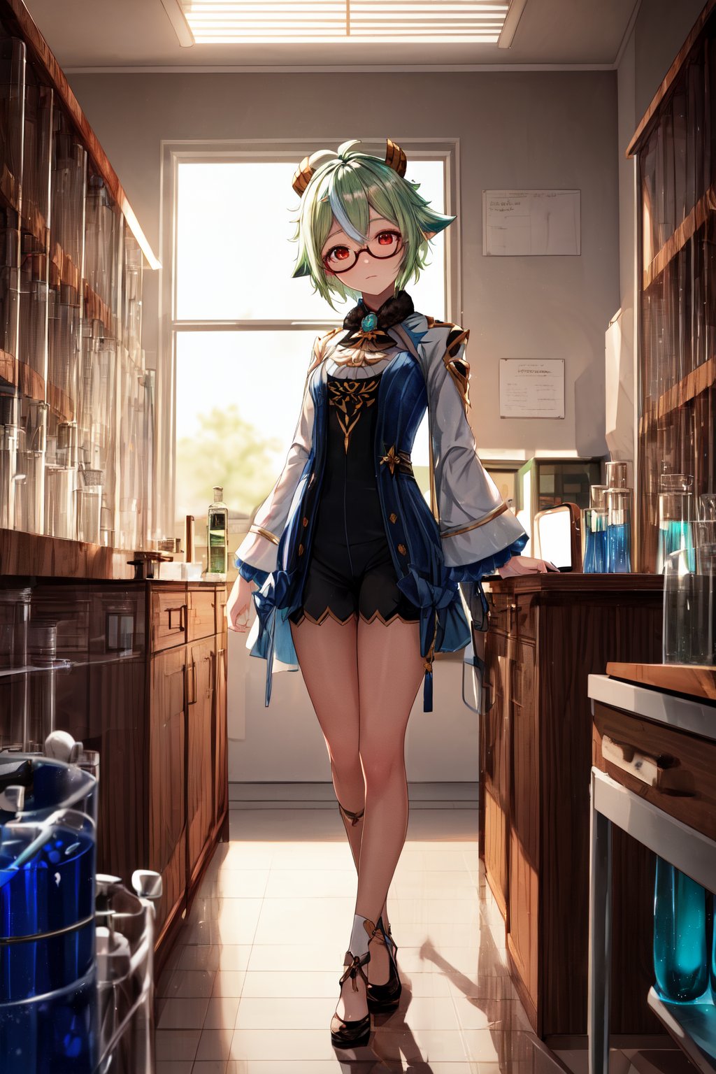 ultra-detailed, masterpiece, high_resolution, sucrose (genshin impact), shy, glasses, small breasts, full_body.

She is in her laboratory, surrounded by test tubes, flasks and test tubes filled with liquids of various colors, all ready for her experiments. She is standing in a shy but tender pose, with a peaceful expression as she looks at the viewer with a slight tilt of her head. The sun filters gently through the window, illuminating the scene and highlighting the details of the lab, from the shiny liquids in the containers to the fine locks of her green hair and ears.